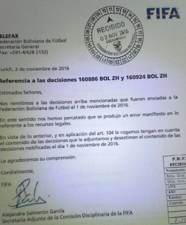 Esta es la supuesta carta que Bolivia recibió desde la FIFA