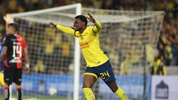 Aug 9, 2024; San Diego, California, USA; Club America Forward Javairo Dilrosun (24) celebrates goal by Club America forward Henry Martin (21) during second half against Atlas Snapdragon Stadium. Mandatory Credit: Julia Kapros-USA TODAY Sports