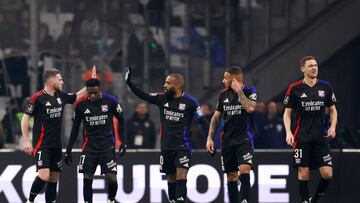 Soccer Football - Ligue 1 - Olympique de Marseille v Olympique Lyonnais - Orange Velodrome, Marseille, France - February 2, 2025 Olympique Lyonnais' Corentin Tolisso celebrates scoring their first goal with teammates REUTERS/Manon Cruz
