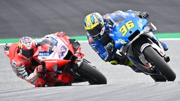 Suzuki Ecstar&#039;s Spanish rider Joan Mir steers his bike during the MotoGP Styrian Grand Prix on August 23, 2020 at Red Bull Ring circuit in Spielberg bei Knittelfeld, Austria. (Photo by Joe Klamar / AFP)