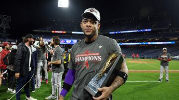 PHILADELPHIA, PENNSYLVANIA - OCTOBER 24: Ketel Marte #4 of the Arizona Diamondbacks celebrates after being named the NLCS MVP after Game Seven of the Championship Series against the Philadelphia Phillies at Citizens Bank Park on October 24, 2023 in Philadelphia, Pennsylvania.   Elsa/Getty Images/AFP (Photo by ELSA / GETTY IMAGES NORTH AMERICA / Getty Images via AFP)
