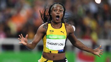 Elaine Thompson celebra su victoria en los 100.