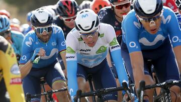 Alejandro Valverde, Enric Mas y Marc Soler, durante la cuarta etapa de la Vuelta a España 2021 con final en Ejea de los Caballeros.