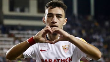 FILE PHOTO: Soccer Football - Europa League - Group A - Qarabag v Sevilla - Tofig Bahramov Republican Stadium, Baku, Azerbaijan - September 19, 2019  Sevilla&#039;s Munir El Haddadi celebrates scoring their second goal   REUTERS/Aziz Karimov/File Photo