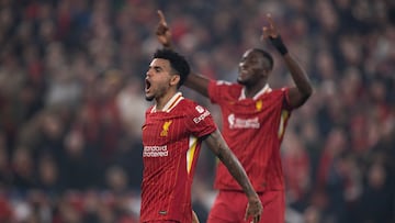 LIVERPOOL, ENGLAND - NOVEMBER 5: Luis Diaz of Liverpool celebrates scoring his second goal with team mate Ibrahima Konate during the UEFA Champions League 2024/25 League Phase MD4 match between Liverpool FC and Bayer 04 Leverkusen at Anfield on November 5, 2024 in Liverpool, England. (Photo by Visionhaus/Getty Images)