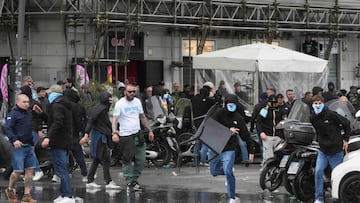 Lazio fans riot with police ahead of the Italian Serie A soccer match between Lazio and Roma at Rome's Olympic stadium, Sunday, April 13, 2025. (AP Photo/Gregorio Borgia)