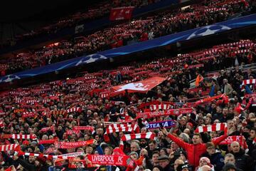 Liverpool supporters cheer during the UEFA Champions League first leg quarter-final football match between Liverpool and Manchester City, at Anfield stadium.