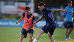 Ocampos, ejercitándose con Argentina, junto al exsevillista Montiel.