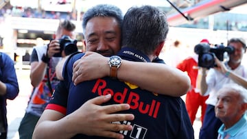 SPIELBERG, AUSTRIA - JUNE 30: Red Bull Racing Team Principal Christian Horner and Toyoharu Tanabe of Honda celebrate the win of Max Verstappen of Netherlands and Red Bull Racing in the garage after the F1 Grand Prix of Austria at Red Bull Ring on June 30, 2019 in Spielberg, Austria. (Photo by Mark Thompson/Getty Images)