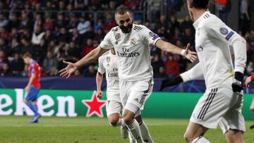 Benzema celebr&oacute; as&iacute; su segundo gol al Viktoria Plzen. Era su tanto n&uacute;mero 201 como jugador madridista.