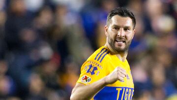 Tigres' Andree Pierre Gignac celebrates after scoring against Pumas during their Mexican Clausura football tournament match at the Universitario stadium in Monterrey, Mexico, on February 11, 2023. (Photo by Julio Cesar AGUILAR / AFP)
