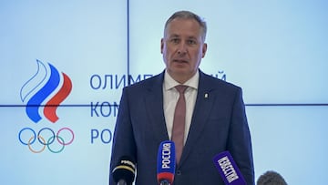 MOSCOW, RUSSIA - MARCH 14: Russian Olympic Committee President Stanislav Pozdnyakov holds a news conference after he attends an annual Olympic meeting at the headquarters of the Russian Olympic Committee (ROC) in Moscow, Russia on March 14, 2024. (Photo by Sefa Karacan/Anadolu via Getty Images)