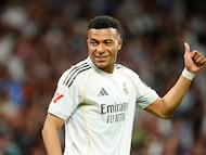 Kylian Mbappe centre-forward of Real Madrid and France reacts during the La Liga EA Sports match between Real Madrid CF and Girona FC at Estadio Santiago Bernabeu on April 10, 2026 in Madrid, Spain. (Photo by Jose Breton/Pics Action/NurPhoto via Getty Images)