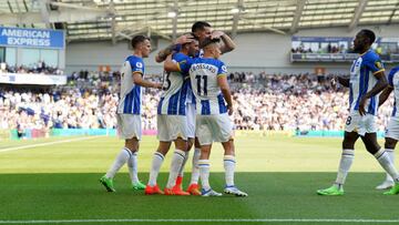 Brighton and Hove Albion's Pascal Gross (second left) celebrates scoring the first goal of the game during the Premier League match at the AMEX Stadium, Brighton. Picture date: Saturday August 27, 2022. (Photo by Gareth Fuller/PA Images via Getty Images)