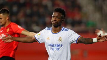 Real Madrid&#039;s Brazilian forward Vinicius Junior celebrates after scoring his team&#039;s first goal during the Spanish League football match between RCD Mallorca and Real Madrid CF at the Son Moix stadium in Palma de Mallorca on March 14, 2022. (Phot