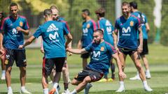 El lateral derecho del Real Madrid, Dani Carvajal, entrenando con Espa&ntilde;a.