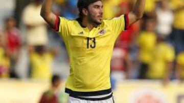 Sebastián Pérez festeja su primer gol con Colombia.