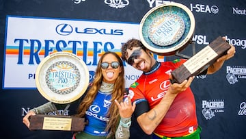 SAN CLEMENTE, CALIFORNIA - JUNE 14: Yago Dora of Brazil and Bettylou Sakura Johnson of Hawaii after winning in the Final at the Lexus Trestles Pro on June 14, 2025 at San Clemente, California. (Photo by Pat Nolan/World Surf League)