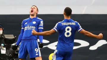 A header from Leicester City's English striker Jamie Vardy (L) celebrates with Leicester City's Belgian midfielder Youri Tielemans (R) after his header is deflected into his own net by Tottenham Hotspur's Belgian defender Toby Alderweireld