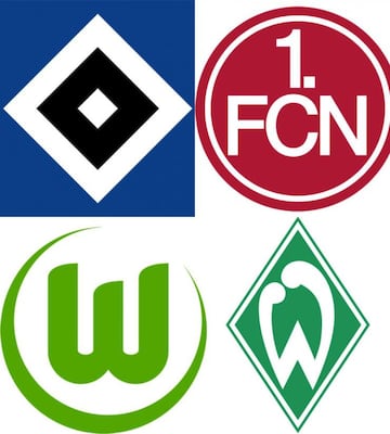 9. Hamburgo 8. Nuremberg 7. Wolfsburgo 6. Werder Bremen  "Las insignias de estos equipos es como si la Bundesliga los hiciera un día antes de que empezara la temporada. Cada club tuvo que elaborar un logo de la noche a la mañana. Werder Bremen y Wolfsburgo se parecen a un choque entre cadenas de supermercado rivales. Sin duda, la de Hamburgo es la peor.