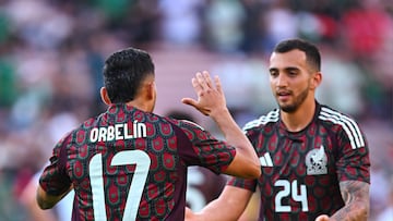 Orbelin Pineda celebrates his goal 1-0 with Luis Chavez of Mexico during the game international friendly between Mexican National team (Mexico) and New Zealand at Rose Bowl Stadium, on September 07, 2024, Pasadena, Los Angeles California, United States.