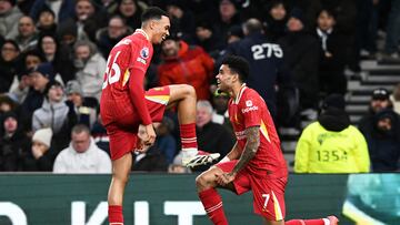 LONDON, ENGLAND - DECEMBER 22: (THE SUN OUT, THE SUN ON SUNDAY OUT) Luis Diaz of Liverpool celebrates scoring his team's first goal with teammate Trent Alexander-Arnold of Liverpool during the Premier League match between Tottenham Hotspur FC and Liverpool FC at Tottenham Hotspur Stadium on December 22, 2024 in London, England. (Photo by Liverpool FC/Liverpool FC via Getty Images)