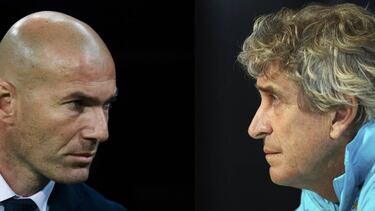 Head coach Zinedine Zidane of Real Madrid and Manuel Pellegrini, manager of Manchester City meet in the UEFA Champions League Semi Final first leg.