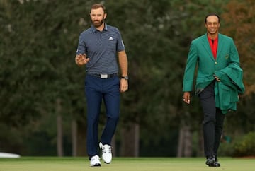 Dustin Johnson y Tiger Woods en Augusta antes de la imposición de la chaqueta verde al ganador del Masters 2020.