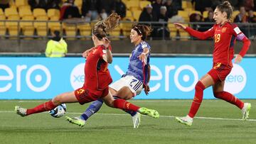 Soccer Football - FIFA Women’s World Cup Australia and New Zealand 2023 - Group C - Japan v Spain - Wellington Regional Stadium, Wellington, New Zealand - July 31, 2023 Japan's Hinata Miyazawa scores their third goal REUTERS/Amanda Perobelli