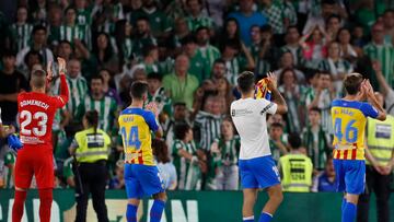SEVILLA, 04/06/2023.- Los jugadores del Valencia celebran la permanencia en Primera División, al término del encuentro correspondiente a la última jornada de LaLiga que Real Betis y Valencia CF han disputado hoy domingo en el estadio Benito Villamarín, en Sevilla. EFE/José Manuel Vidal