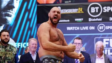 LONDON, ENGLAND - APRIL 22: Tyson Fury of Great Britain reacts during the weigh-in ahead of the heavyweight boxing match between Tyson Fury and Dillian Whyte at BOXPARK on April 22, 2022 in London, England. (Photo by Julian Finney/Getty Images)