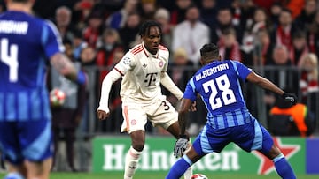 Bayern Munich's French forward #39 Mathys Tel and Slovan Bratislava's Panamanian defender #28 Cesar Blackman vie for the ball during the UEFA Champions League football match between FC Bayern Munich and SK Slovan Bratislava in Munich, southern Germany, on January 29, 2025. (Photo by Alexandra BEIER / AFP)
