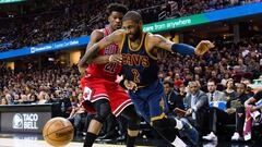 CLEVELAND, OH - FEBRUARY 25: Kyrie Irving #2 of the Cleveland Cavaliers tries to drive past Jimmy Butler #21 of the Chicago Bulls during the first half at Quicken Loans Arena on February 25, 2017 in Cleveland, Ohio. NOTE TO USER: User expressly acknowledges and agrees that, by downloading and/or using this photograph, user is consenting to the terms and conditions of the Getty Images License Agreement.   Jason Miller/Getty Images/AFP
 == FOR NEWSPAPERS, INTERNET, TELCOS &amp; TELEVISION USE ONLY ==