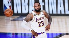 LAKE BUENA VISTA, FLORIDA - OCTOBER 11: LeBron James #23 of the Los Angeles Lakers reacts during the second quarter against the Miami Heat in Game Six of the 2020 NBA Finals at AdventHealth Arena at the ESPN Wide World Of Sports Complex on October 11, 2020 in Lake Buena Vista, Florida. NOTE TO USER: User expressly acknowledges and agrees that, by downloading and or using this photograph, User is consenting to the terms and conditions of the Getty Images License Agreement.   Douglas P. DeFelice/Getty Images/AFP
 == FOR NEWSPAPERS, INTERNET, TELCOS &amp; TELEVISION USE ONLY ==