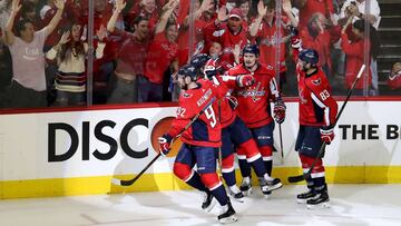 WASHINGTON, DC - JUNE 02: Evgeny Kuznetsov #92 of the Washington Capitals celebrates with his teammates after scoring a goal against Marc-Andre Fleury #29 of the Vegas Golden Knights during the second period in Game Three of the 2018 NHL Stanley Cup Final