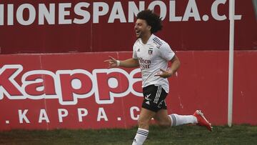 Futbol, Union Espanola vs Colo Colo
Fecha 16, campeonato Nacional 2021.
El jugador de la Colo Colo Maximiliano Falcon, celebra su gol contra Union Espanola durante el partido de primera division realizado en el estadio Santa Laura en Santiago, Chile.
1