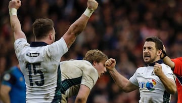 Scotland&#039;s captain and scrum half Greig Laidlaw (R) celebrates with Scotland&#039;s full back Stuart Hogg after winning a penalty near the end of the Six Nations international rugby union match between Scotland and France at Murrayfield in Edinburgh,