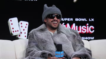 Feb 5, 2026; San Francisco, CA, USA; Bad Bunny during the Super Bowl LX halftime show press conference at Moscone Center. Mandatory Credit: Kirby Lee-Imagn Images