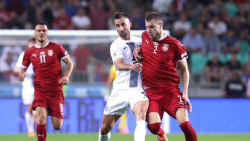 Soccer Football - UEFA Nations League - Group H - Slovenia v Serbia - Stozice Stadium, Ljubljana, Slovenia - June 12, Serbia's Strahinja Pavlovic in action with Slovenia's Andraz Sporar REUTERS/Borut Zivulovic