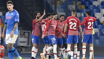 Naples (Italy), 25/02/2021.- Granada players celebrate the 1-1 goal during the UEFA Europa League round of 32 second leg soccer match SSC Napoli vs Granada at Maradona stadium in Naples, Italy, 25 February 2021. (Italia, Nápoles) EFE/EPA/CIRO FUSCO