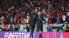 AL RAYYAN, QATAR - NOVEMBER 30: Antoine Griezmann of France celebrates scoring a goal that is later disallowed with teammate Ousmane Dembele (L) during the FIFA World Cup Qatar 2022 Group D match between Tunisia and France at Education City Stadium on November 30, 2022 in Al Rayyan, Qatar. (Photo by Alex Caparros - FIFA/FIFA via Getty Images)