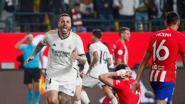 RIAD (ARABIA SAUDÍ), 10/01/2024.- El delantero del Real Madrid, Joselu, celebra el cuarto gol del equipo madridista durante el partido de semifinales de la Supercopa de España que Real Madrid y Atlético de Madrid han disputado este miércoles en el estadio Al Awwal Park de Riad, en Arabia Saudí. EFE / Juan Carlos Cárdenas.