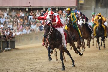 El vencedor de este Palio ha sido el jinete de la contrada "Giraffa" Giovanni Atzeni, conocido como "Tittia", con su caballo Tale. (En la imagen el jinete de color rojo y blanco).