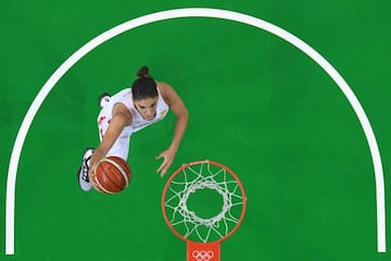 Spain's forward Marta Xargay scores during the last-four clash at the Carioca Arena 1 in Rio de Janeiro.