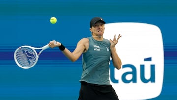 Mar 19, 2026; Miami Gardens, FL, USA; Iga Swiatek (POL) hits a forehand against Magda Linette (POL) (not pictured) on day three of the 2026 Miami Open at Hard Rock Stadium. Mandatory Credit: Geoff Burke-Imagn Images