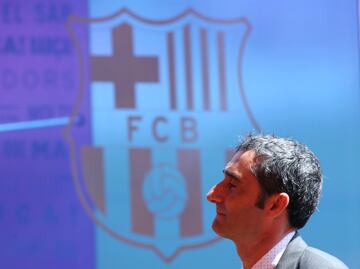 FC Barcelona's new coach Ernesto Valverde at his presentation at the Camp Nou stadium in Barcelona