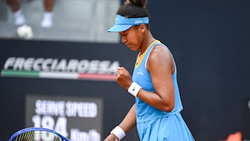Japan's Naomi Osaka celebrates after winning against Switzerland�s Viktorija Golubic during the WTA Rome Open tennis tournament at the Foro Italico in Rome, on May 8, 2025. (Photo by PIERO CRUCIATTI / AFP)