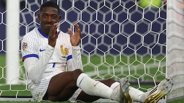 France's forward #07 Ousmane Dembele reacts after failing to score during the UEFA Nations League semi-final football match between Spain and France in Stuttgart, southwestern Germany, on June 5, 2025. (Photo by FRANCK FIFE / AFP)