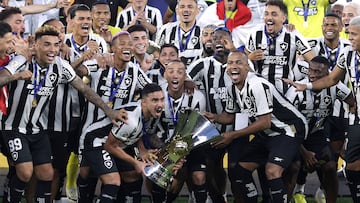 Soccer Football - Brasileiro Championship - Botafogo v Sao Paulo - Estadio Nilton Santos, Rio de Janeiro, Brazil - December 8, 2024 Botafogo players celebrate lifting trophy after winning the Brasileiro Championship REUTERS/Ricardo Moraes