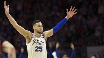 Apr 24, 2018; Philadelphia, PA, USA; Philadelphia 76ers guard Ben Simmons (25) reacts after his score against the Miami Heat during the third quarter in game five of the first round of the 2018 NBA Playoffs at Wells Fargo Center. Mandatory Credit: Bill Streicher-USA TODAY Sports